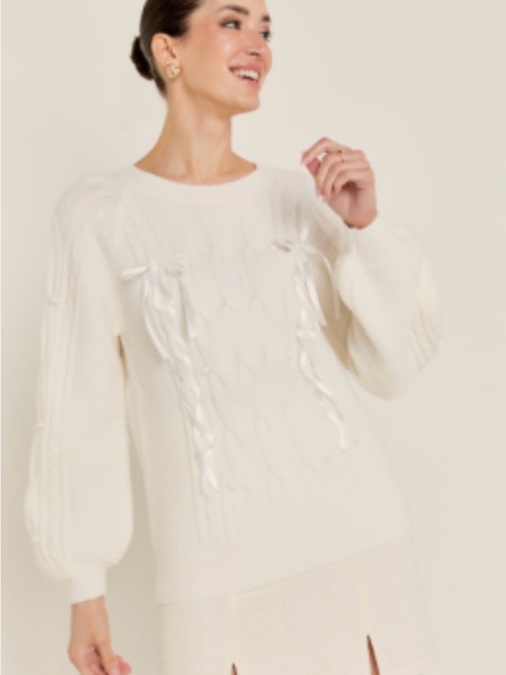 Francesca's Collections Ivory Cable Knit Ribbon-Trim Sweater